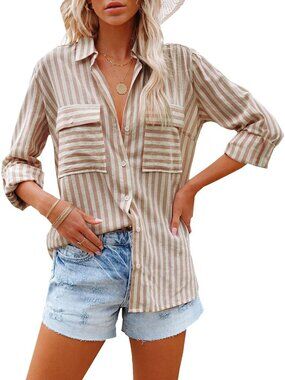 🆕Women's Brown Long Sleeve Button Down V Neck Casual Imported Blouses Shirts